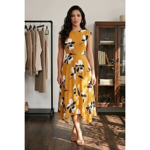 ☔️💜NWOT Who What Wear Mustard Yellow Floral Asymmetric Sleeveless Dress XSmall